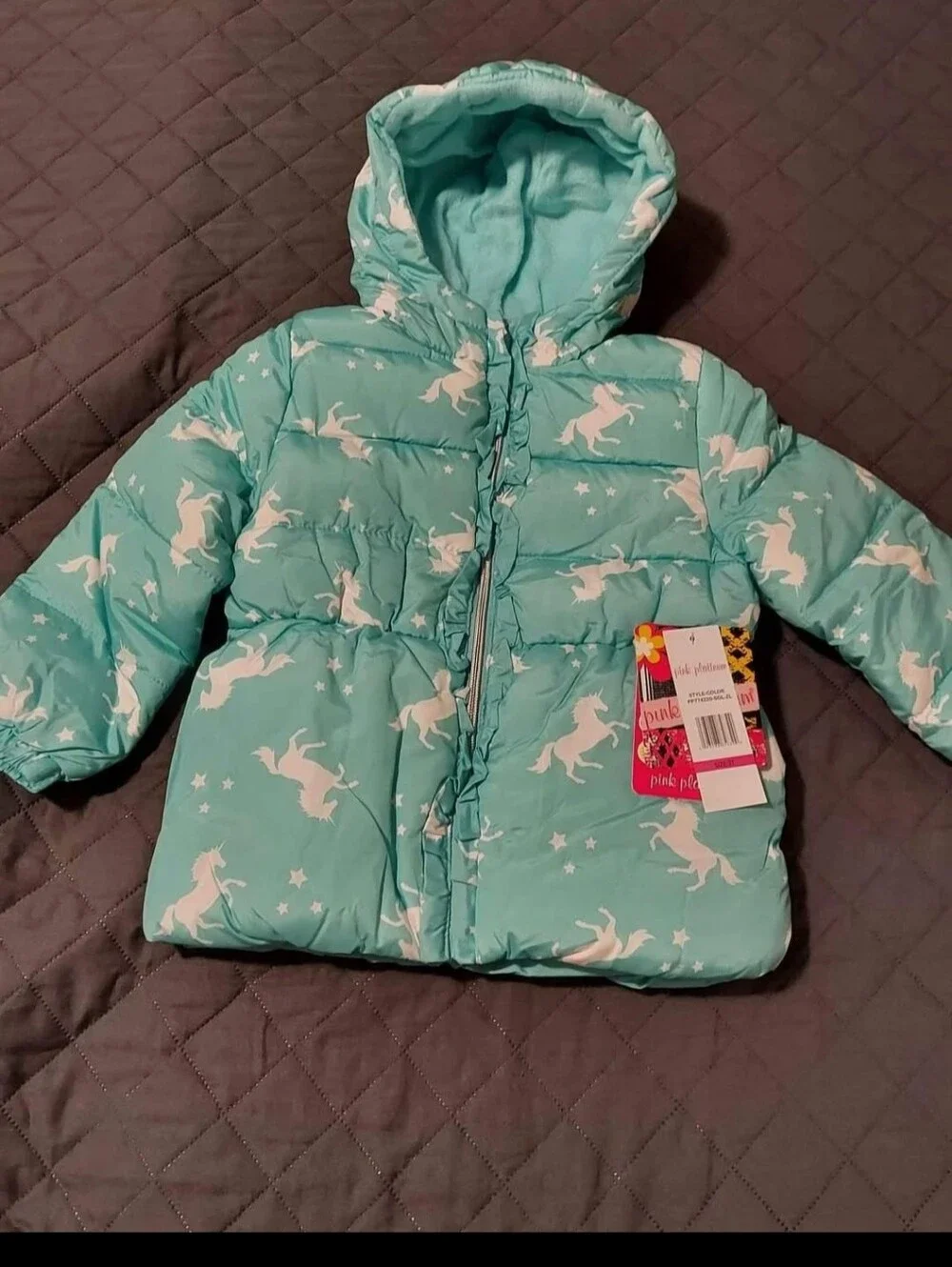 Kids Teal Unicorn Puffer Jacket with Hood